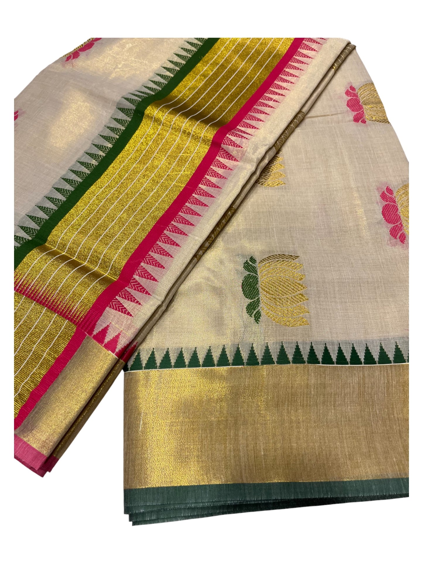 Southloom Kerala Tissue Kasavu Saree with Lotus Woven Work in Green And pink