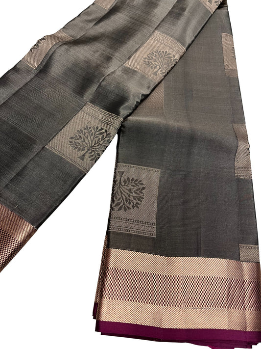 Southloom Pure Handloom Kanchipuram Silk Saree with Butta Work (Grey & Magenta)