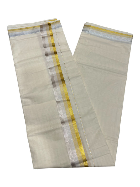 Southloom Kerala Pure Cotton Double Mundu with Gold & Silver Line Border (South Indian Dhoti)