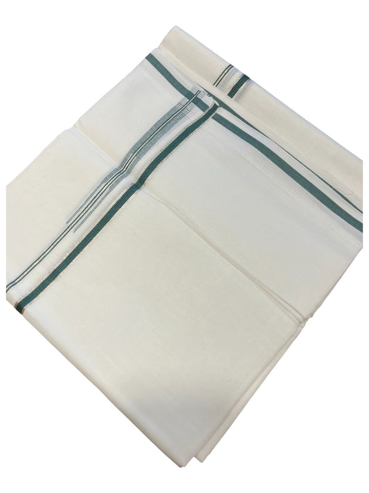 Pure White Cotton Double Mundu with Silver Green Chutti Kara (South Indian Dhoti)