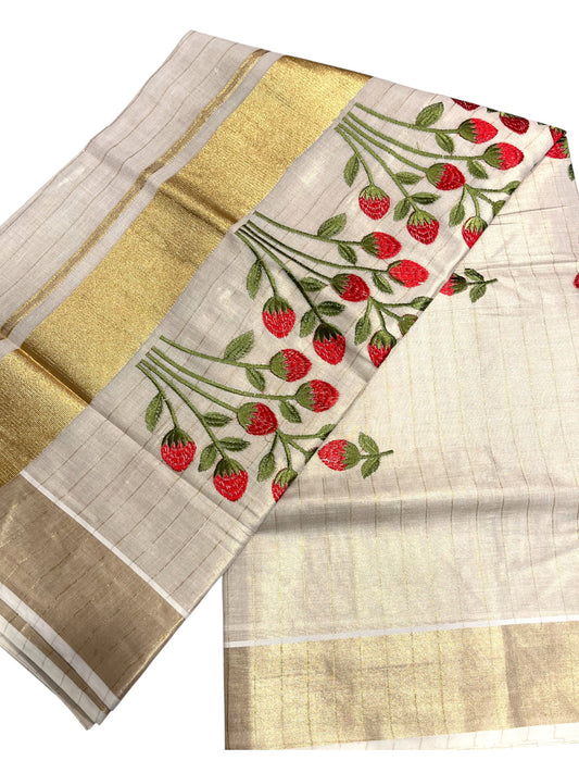 Southloom Tissue Kerala Kasavu Saree with Floral Embroidery Design