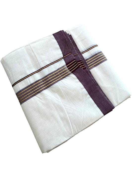 Southloom Pure Cotton Mundu with Golden Lines and Purple Border (South Indian Kerala Dhoti)