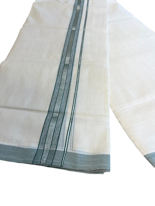 Southloom Premium Handloom Cotton Double Mundu with Silver and Green Border