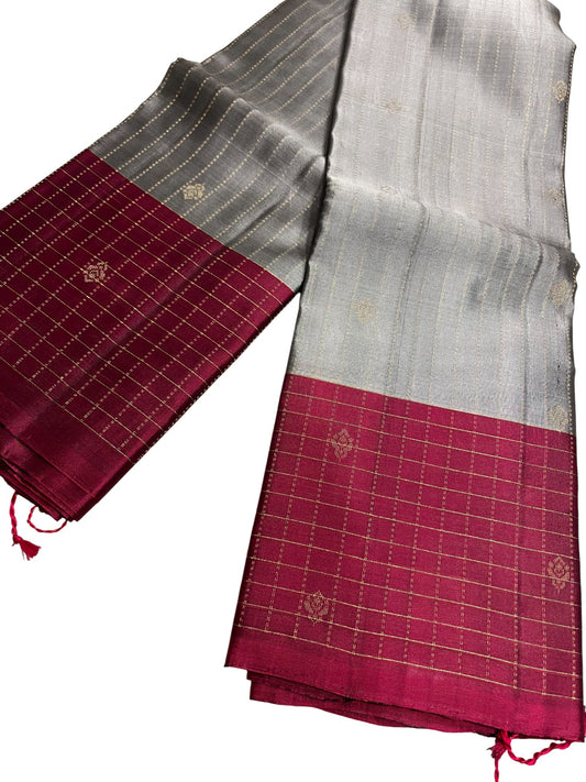 Southloom Pure Handloom Kanchipuram Silk Saree with Korvai Work (Grey & Magenta)