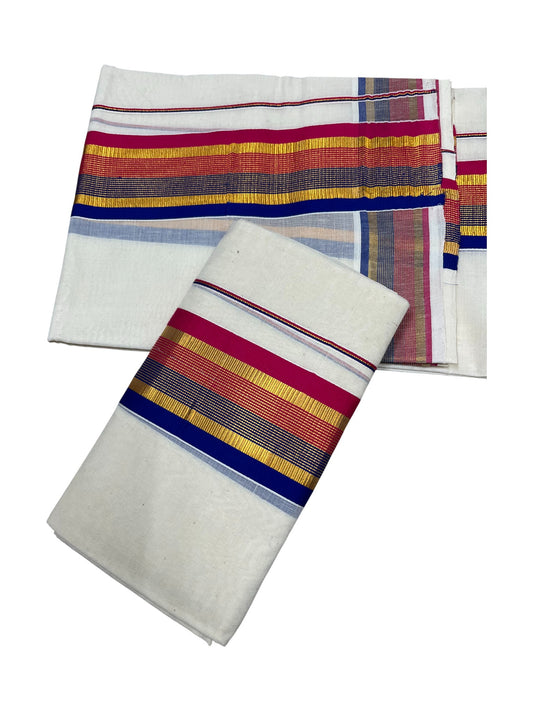 Kerala Cotton Kasavu Set Mundu (Mundum Neriyathum) with Pink and Blue Border 2.80 Mtrs