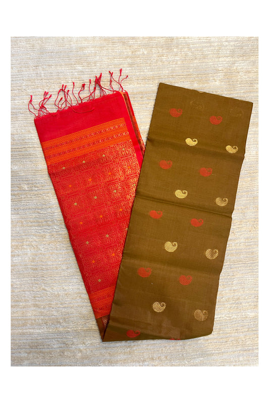 Southloom Pure Handloom Cotton Silk Saree With Handwoven Work Across Body and Blouse in Brown And Red