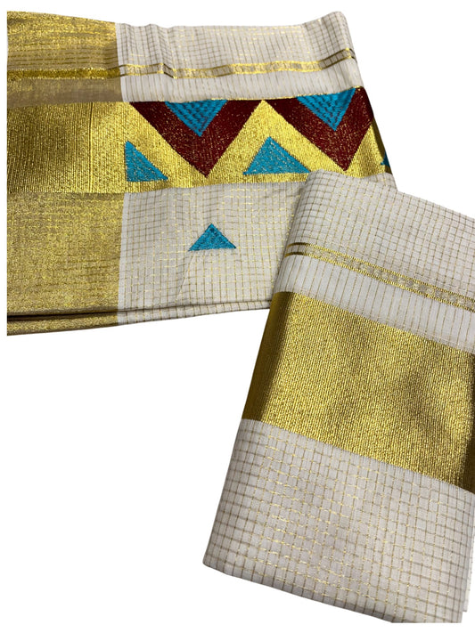 southloom Kerala TIssue Kasavu Mundum Neriyathum (Set Mundu) with Blue Brown Embroidery Designs in Kasavu Border