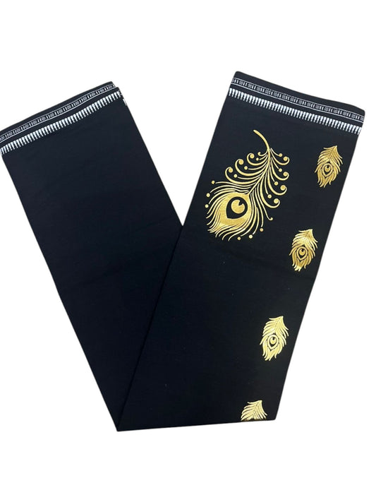 Southloom Black Printed Single Mundu / Otta Mundu / Lungi (South Indian Kerala Dhoti) with Peacock FeatherPrintSL580