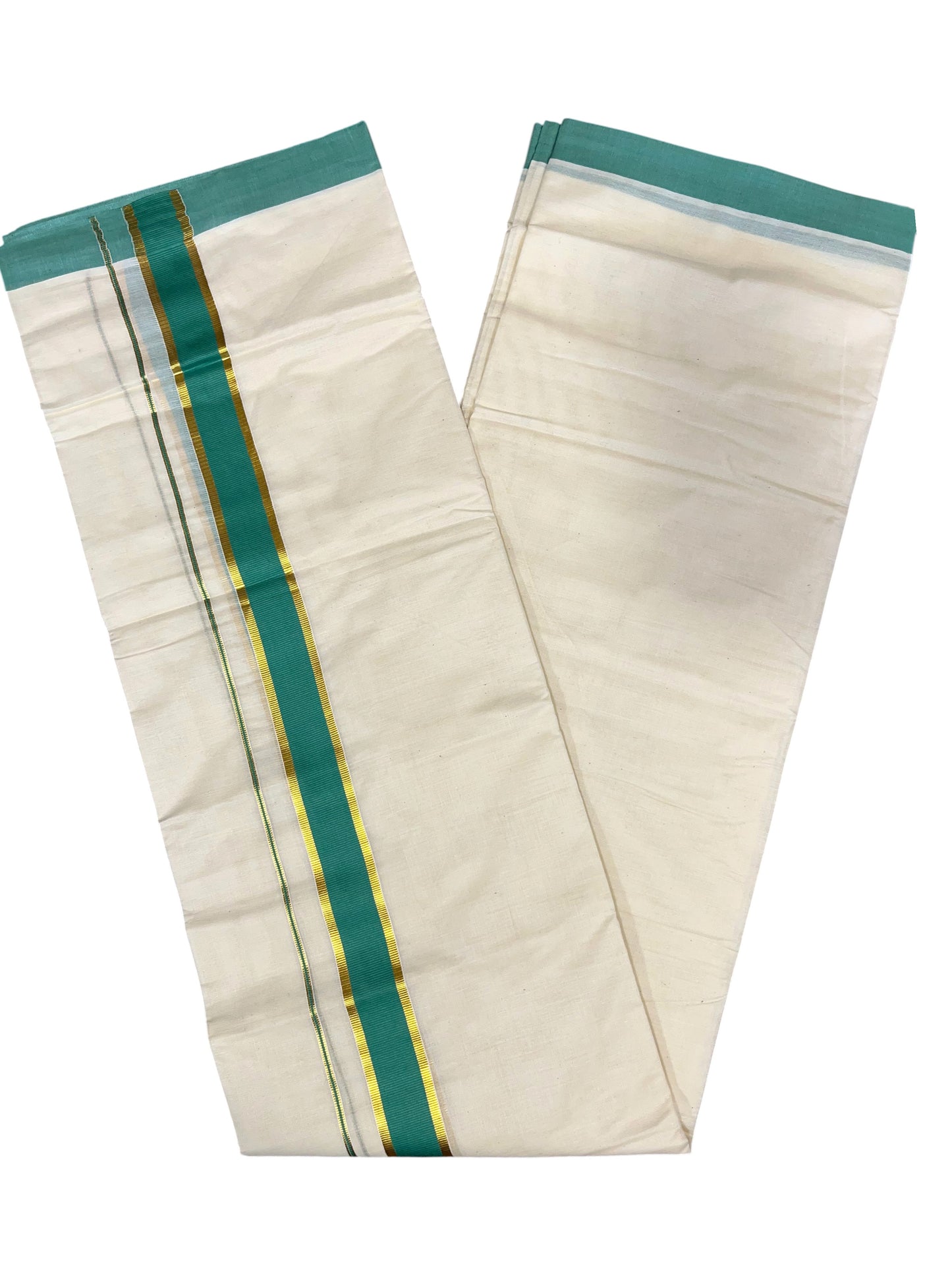 Southloom Pure Cotton Mundu with Gold Kasavu and Green Colour Border (South Indian Kerala Dhoti)