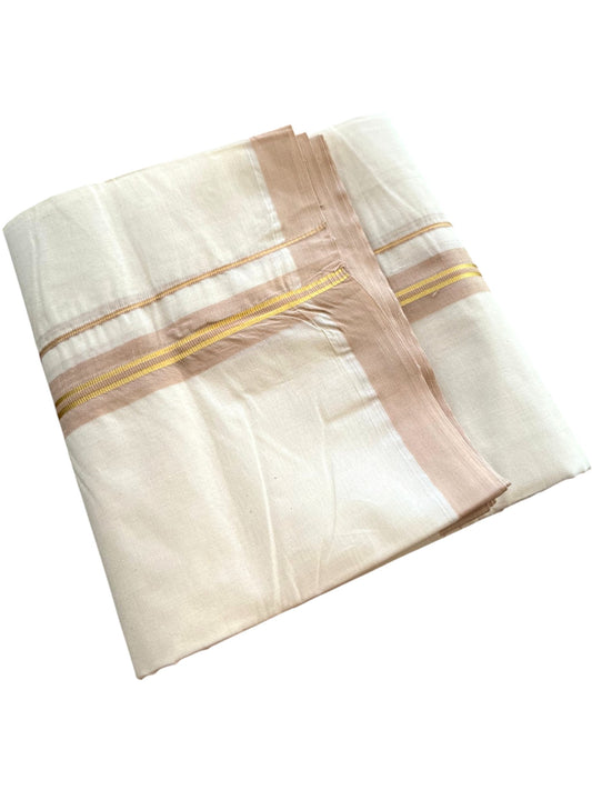 Southloom Pure Cotton Mundu with Golden Lines and Beige Border (South Indian Kerala Dhoti)