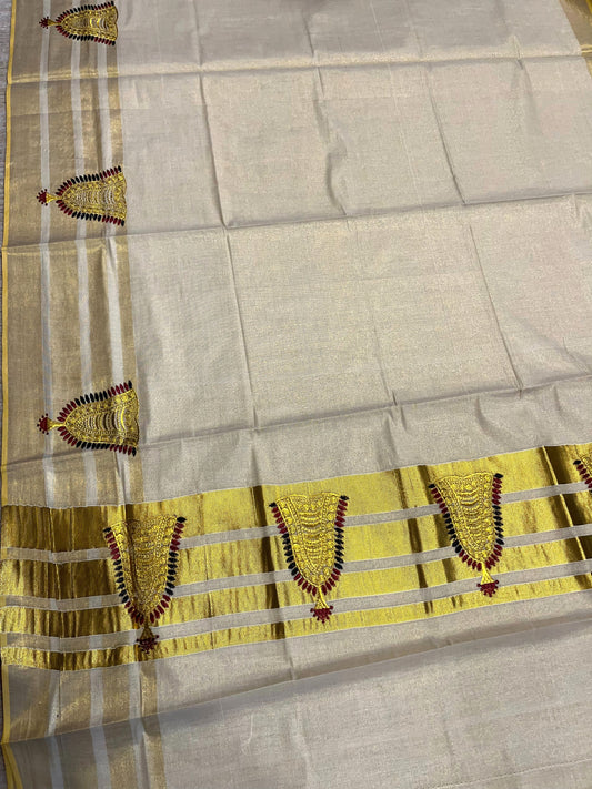 Southloom Tissue Kerala Kasavu Saree with Nettipattam Embroidery Designs on Body