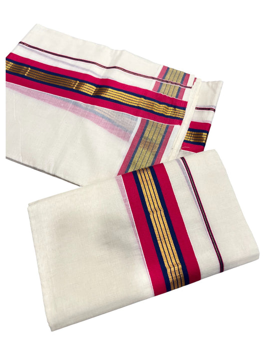 Kerala Cotton Kasavu Set Mundu (Mundum Neriyathum) with Magenta and Blue Border