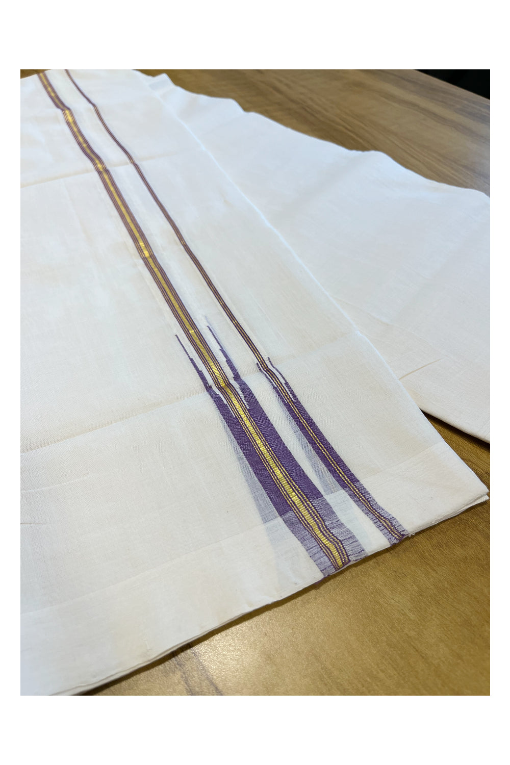 Southloom Premium Handloom Pure Cotton Mundu with Violet and Golden Woven Border