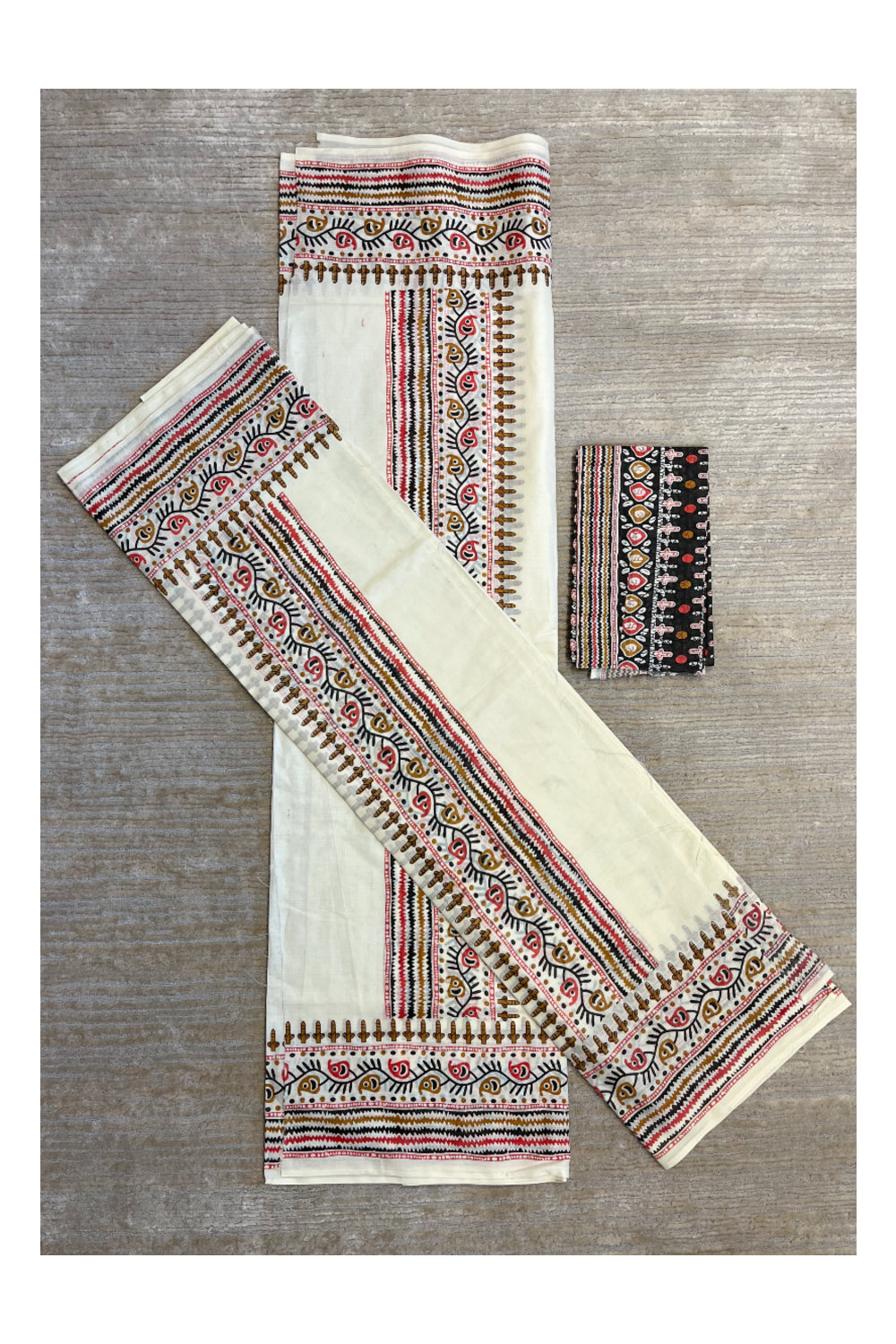 Southloom Pure Cotton Mulloth Set Mundu with Warly Print (Black Printed Blouse Piece)