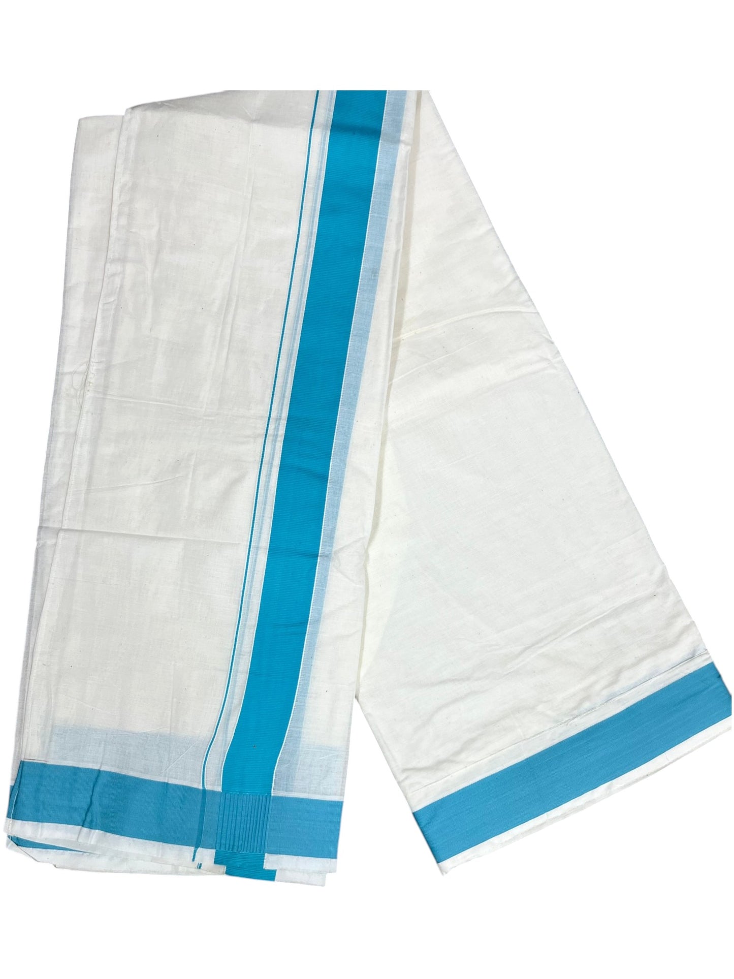 Southloom Kerala Cotton Velcro Mundu with Blue Border (South Indian Kerala Dhoti) in 3.85 mtrs