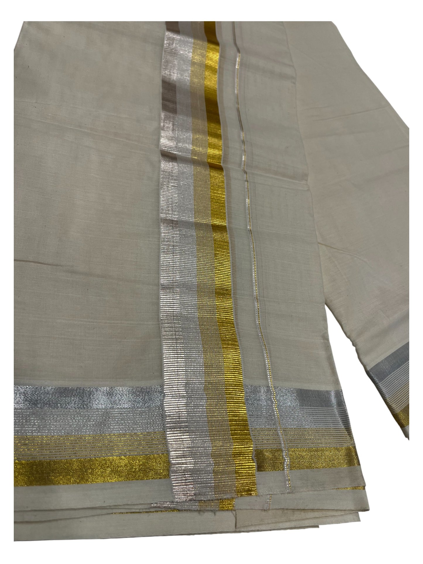 Southloom Kerala Pure Cotton Double Mundu with Gold & Silver Line Border (South Indian Dhoti)