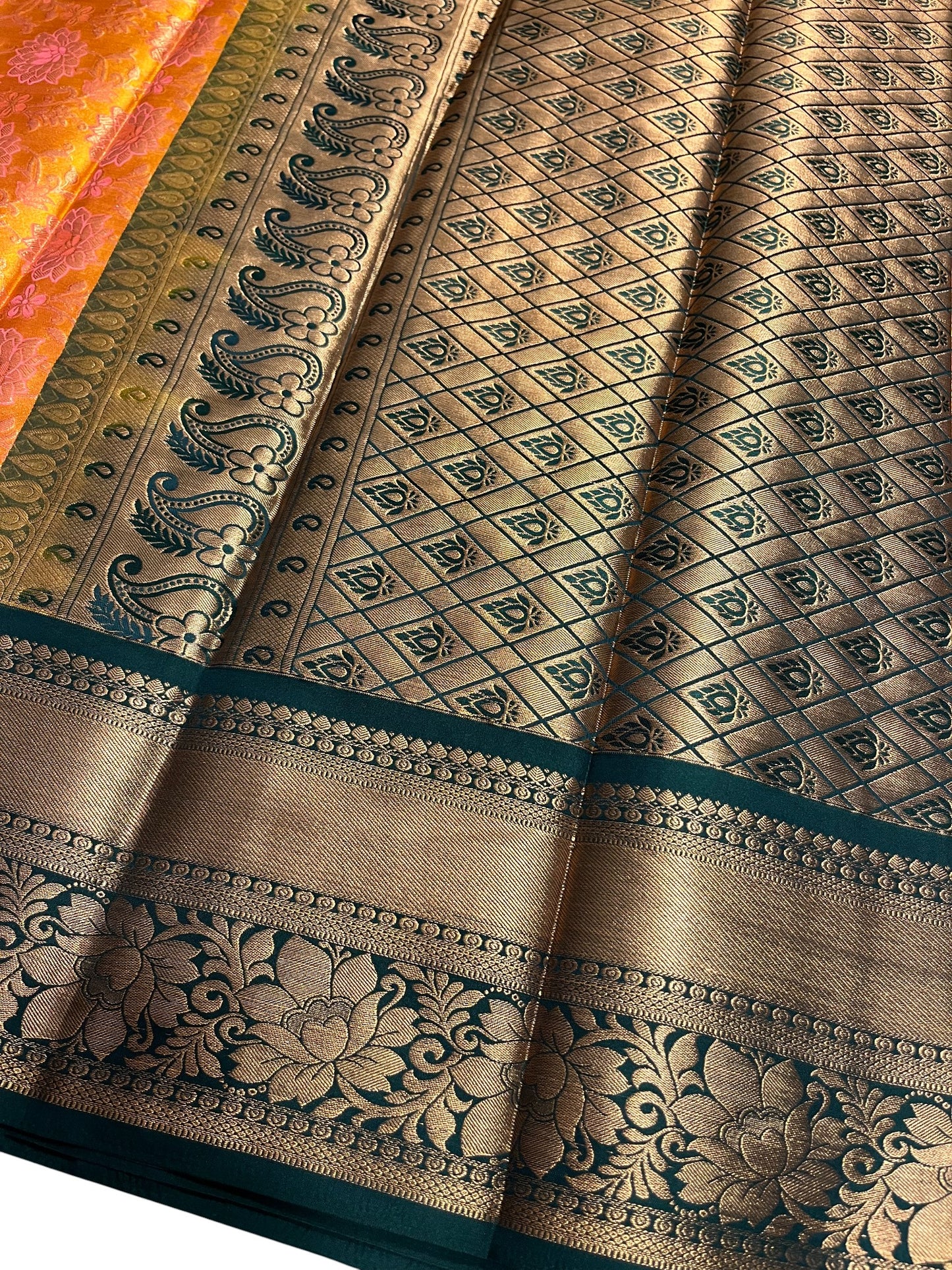 Southloom Banarasi Semi Silk Saree with Floral Zari Work Across Body (Yellow & Green)