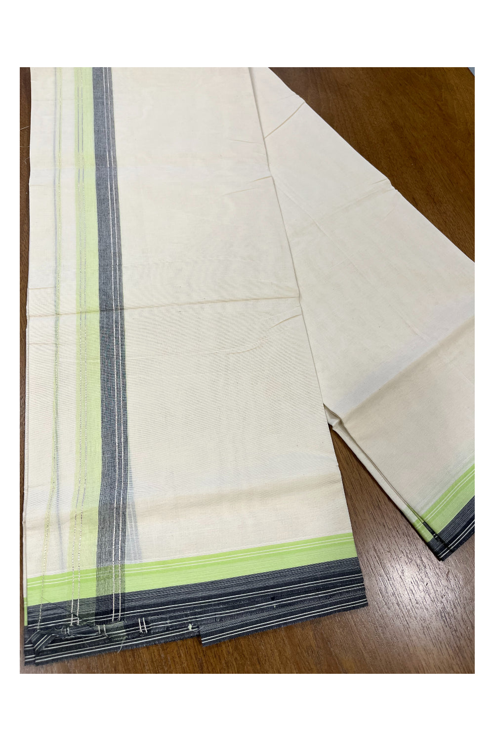 Off White Pure Cotton Double Mundu with Green and Grey Kara (South Indian Kerala Dhoti)