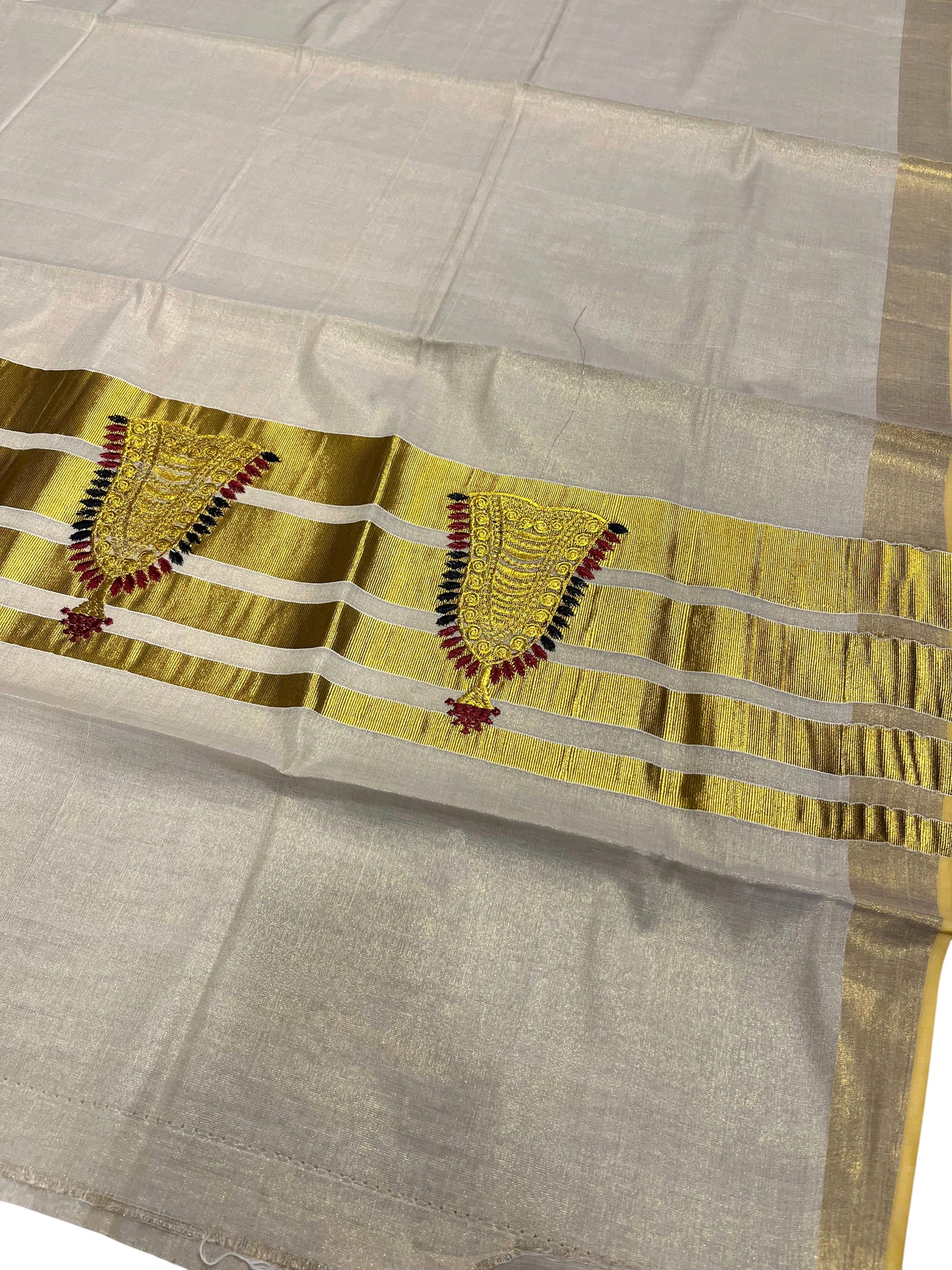 Southloom Tissue Kerala Kasavu Saree with Nettipattam Embroidery Designs on Body