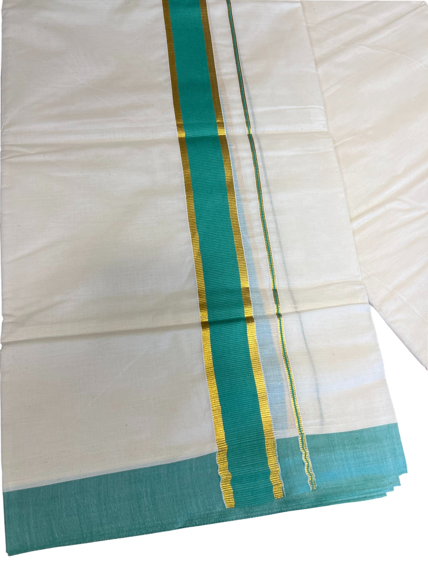 Southloom Pure Cotton Mundu with Gold Kasavu and Green Colour Border (South Indian Kerala Dhoti)