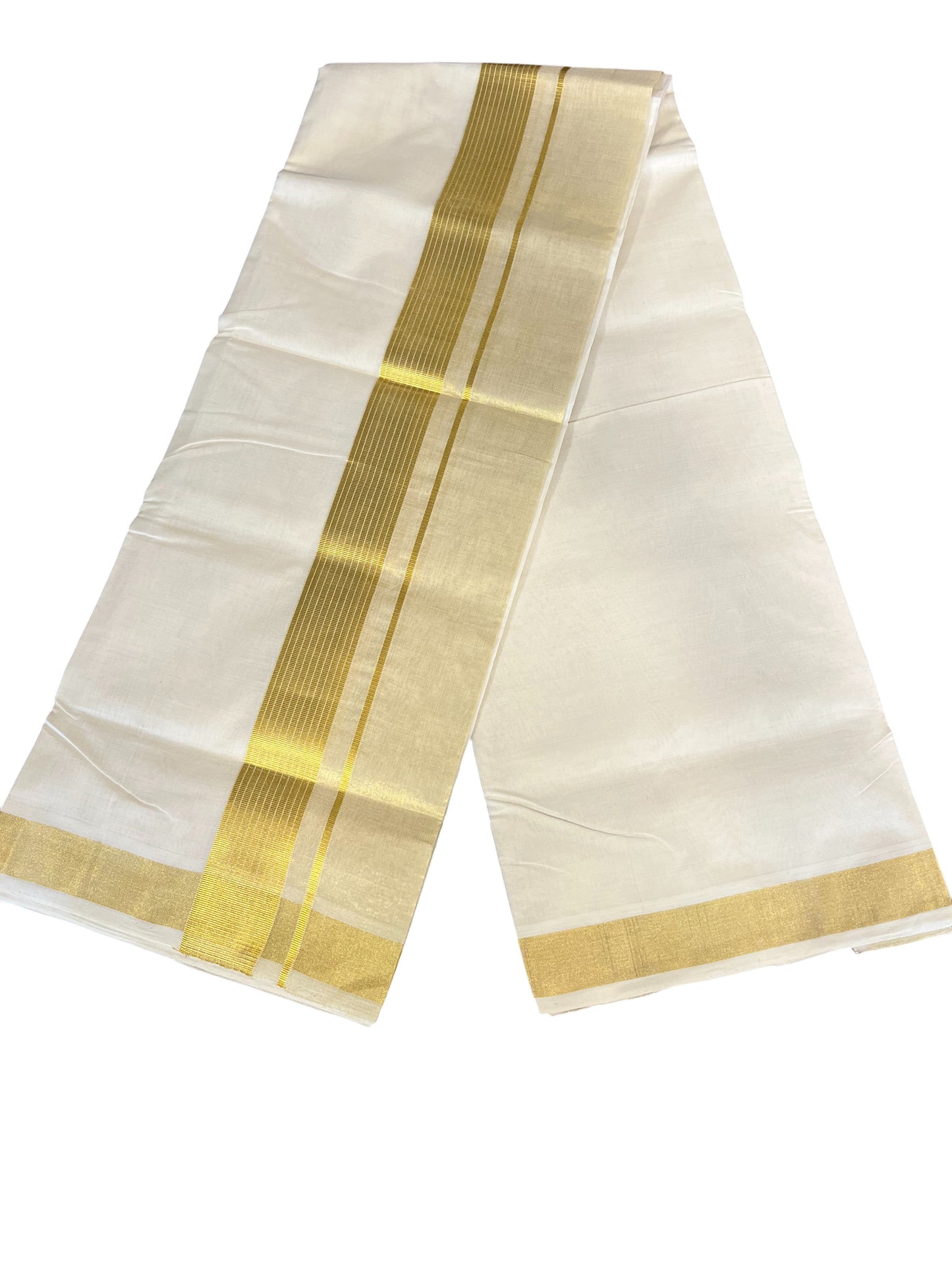 Southloom Premium Handloom Cotton Double Mundu with Gold Kasav Line Border