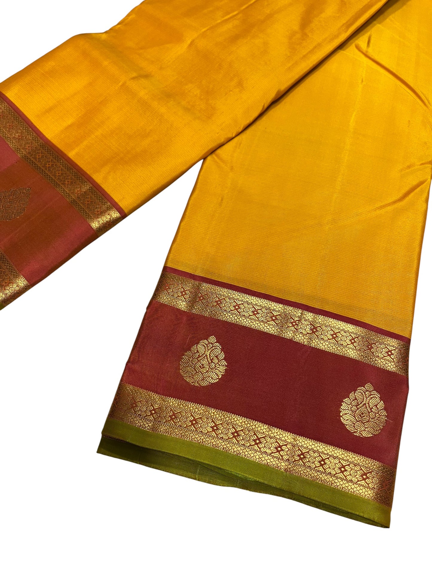 Southloom Premium Bridal Handloom Kanchipuram Silk Saree With Korvai Works (Yellow & Maroon)