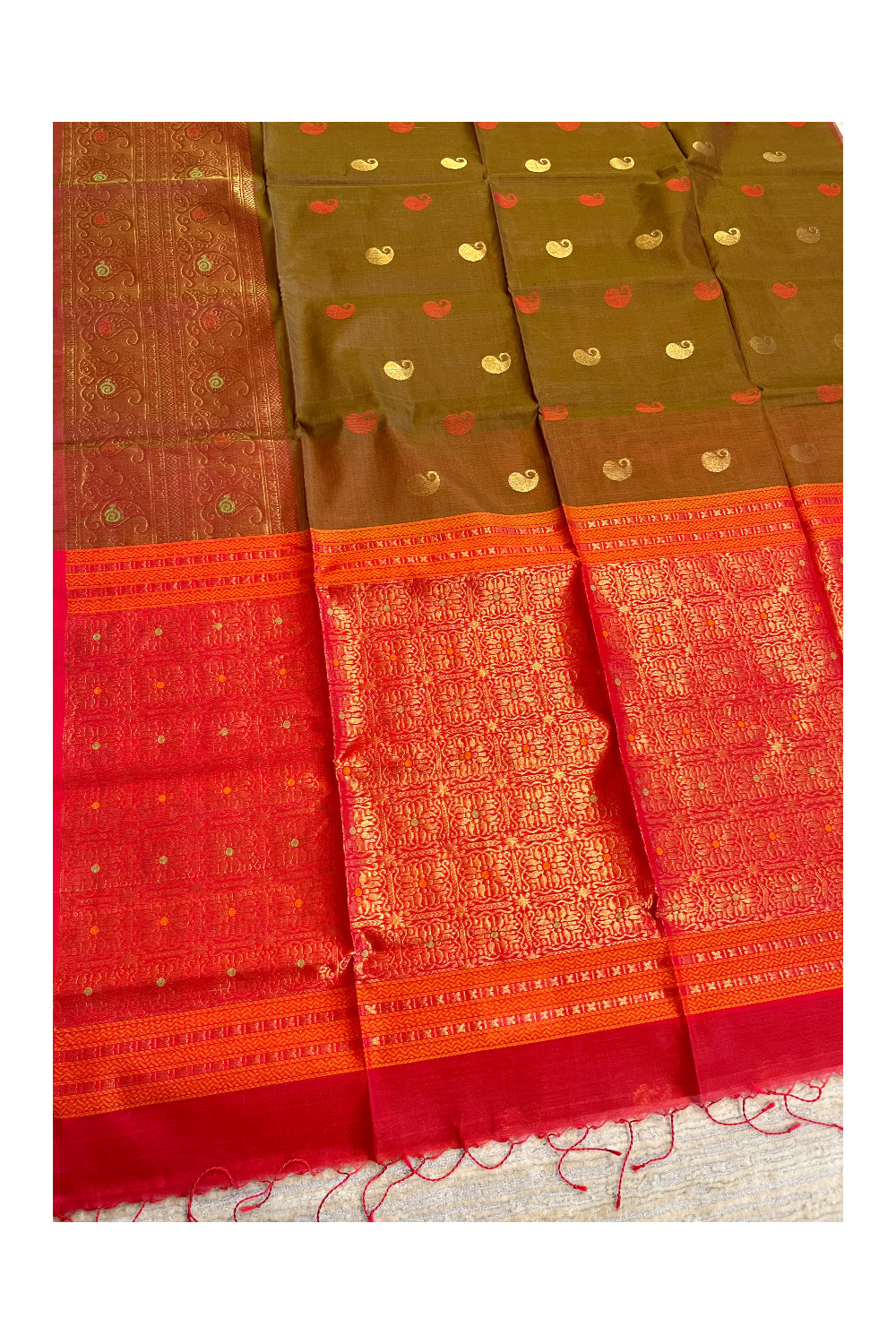 Southloom Pure Handloom Cotton Silk Saree With Handwoven Work Across Body and Blouse in Brown And Red