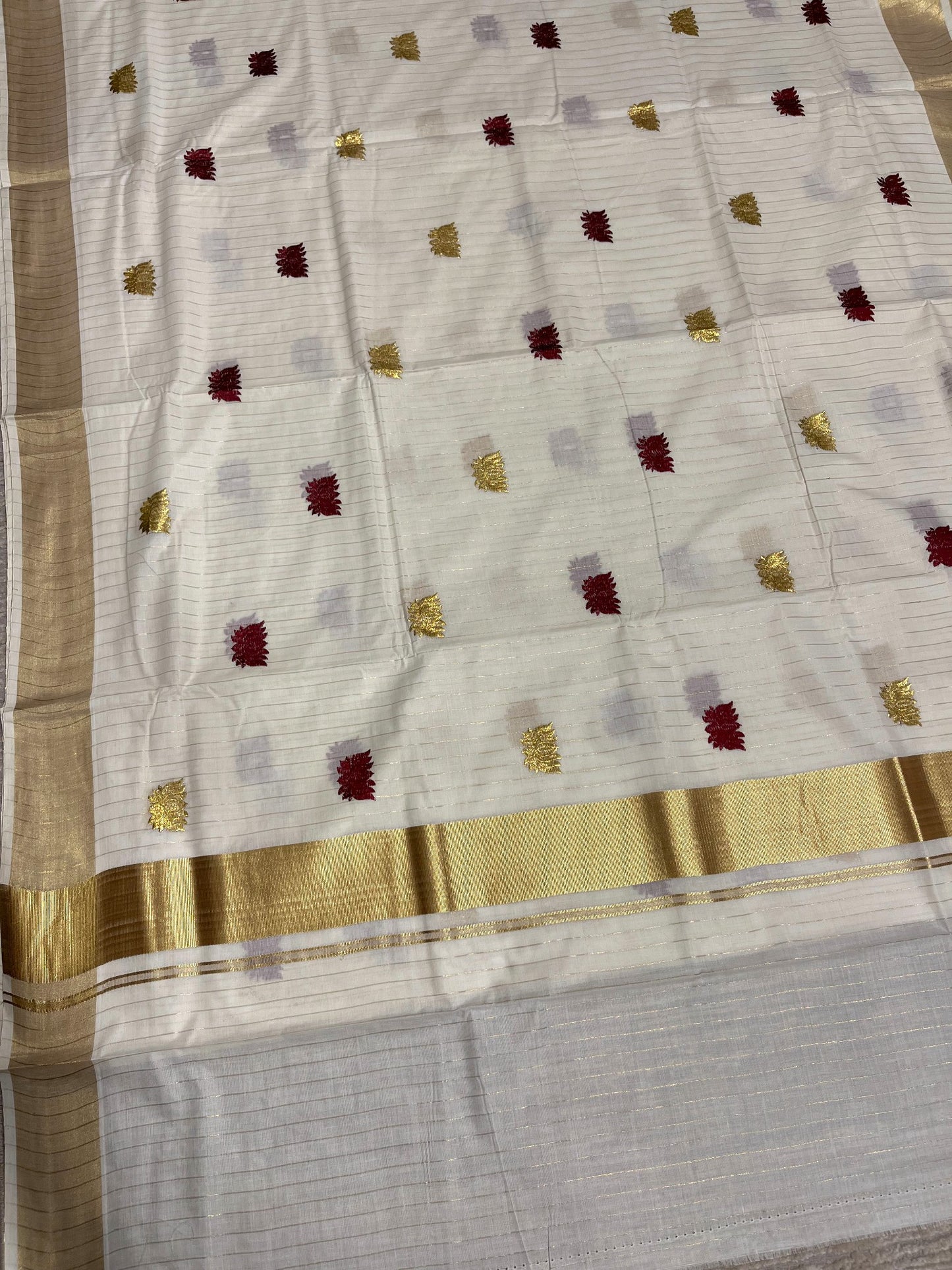 Southloom Kerala Cotton Kasavu Line Saree with Maroon Lotus Embroidery Works