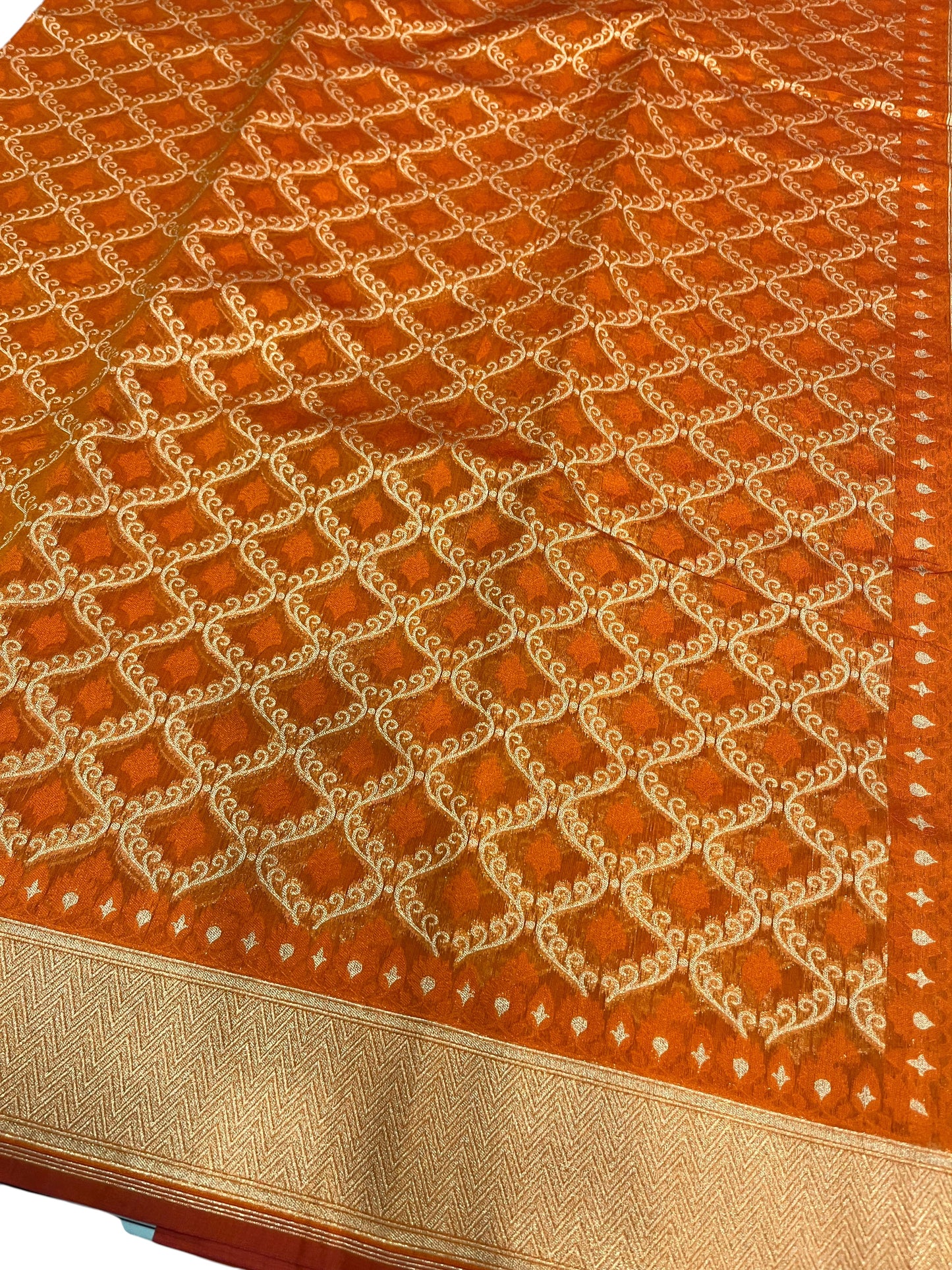 Southloom Cotton Banarasi Silk Saree with Woven Work on Body and Borders (Orange & Yellow)