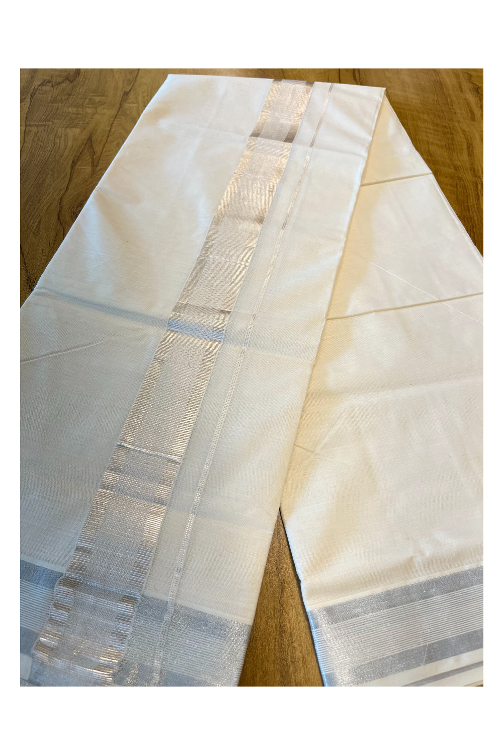 Pure Cotton Mundu with Silver Lines and Silver Border (South Indian Kerala Dhoti)