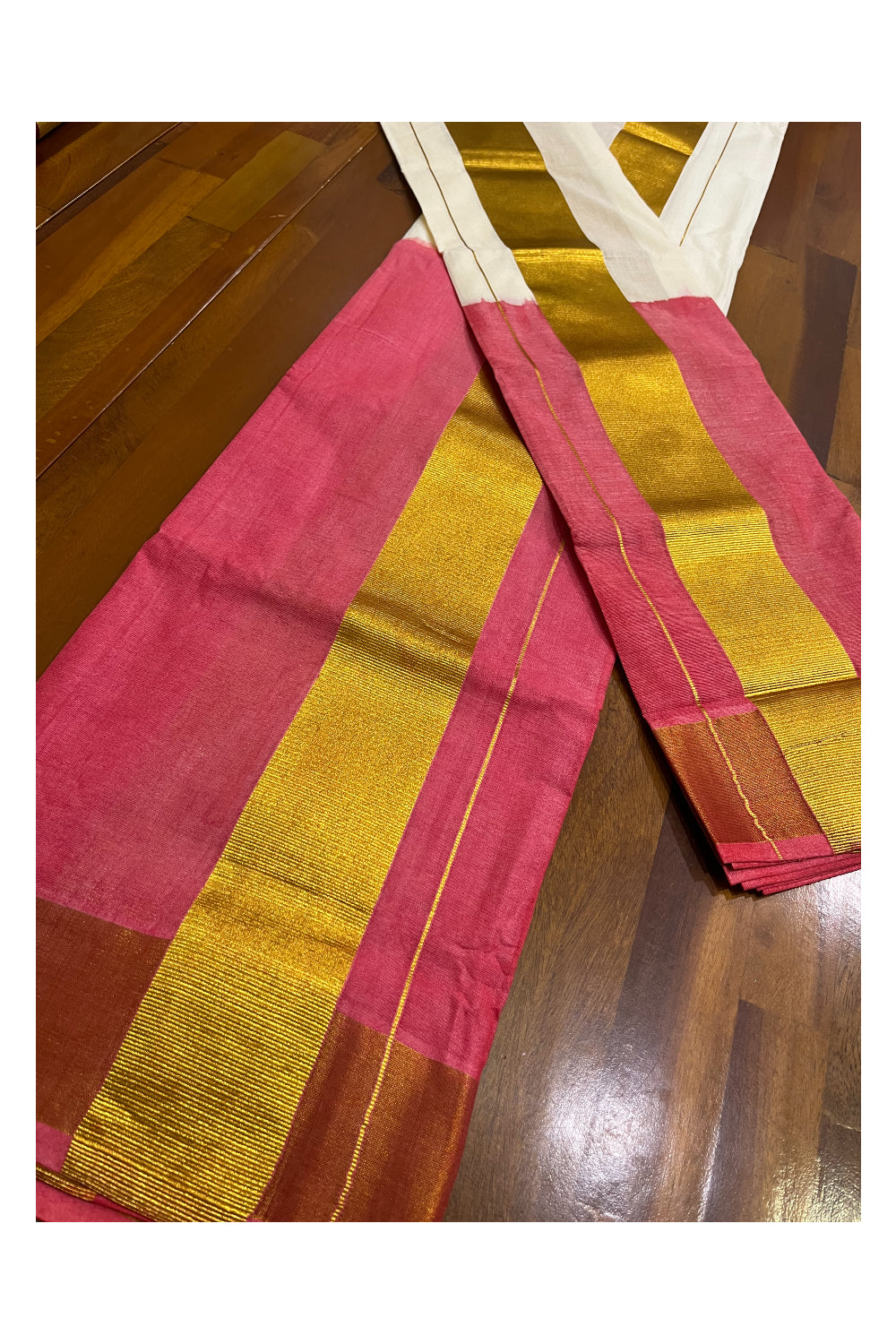 Southloom Tie & Dye - Half & Half Multi Colour Reddish Pink Design Set Mundu (Mundum Neriyathum) with Super Soft Cotton