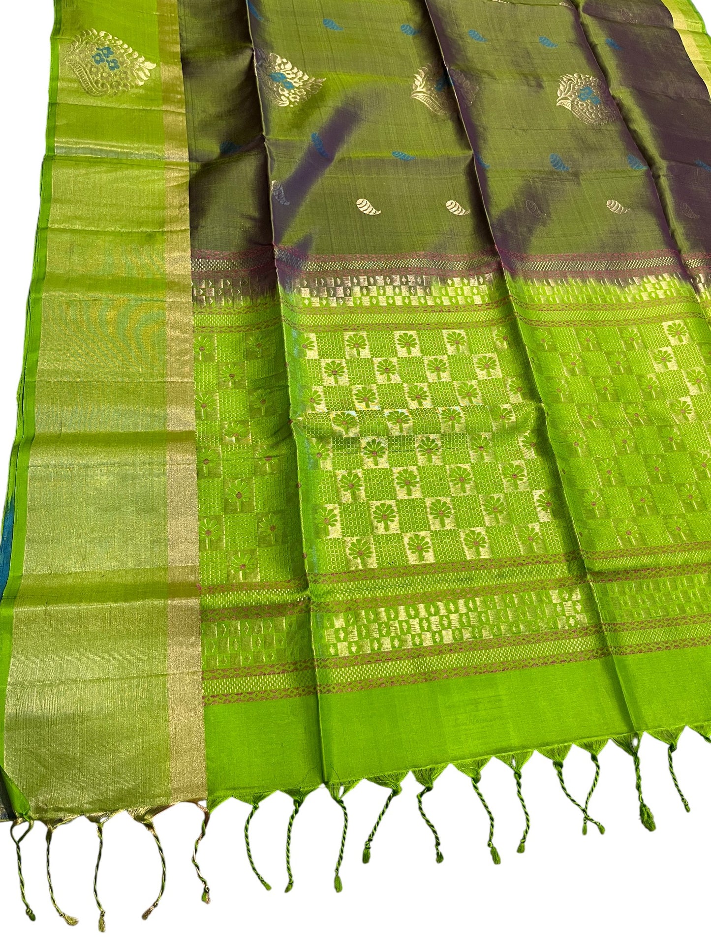 Southloom Pure Handloom Kanchipuram Silk Saree with Korvai Zari Work (Green & Grey)