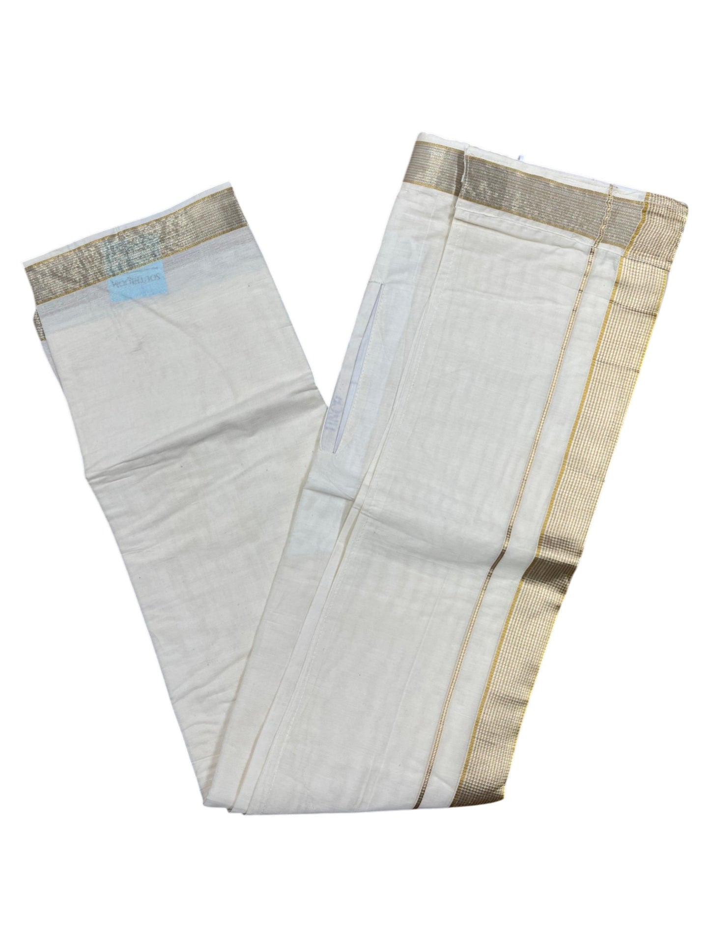 Southloom Kerala Cotton Velcro Double Mundu with Gold Kasavu Border (South Indian Kerala Dhoti)