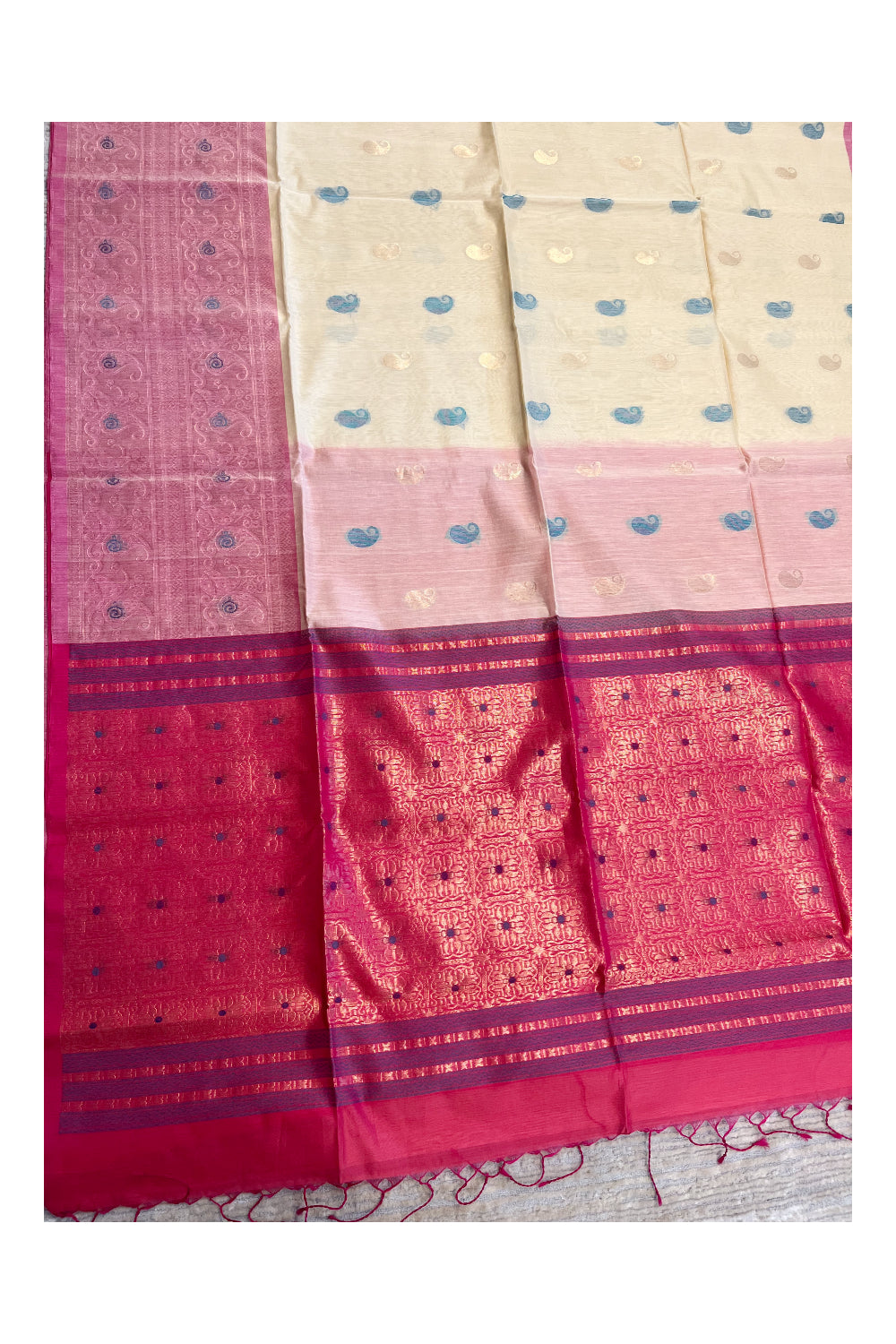 Southloom Pure Handloom Cotton Silk Saree With Handwoven Work Across Body and Blouse in Beige And Pink