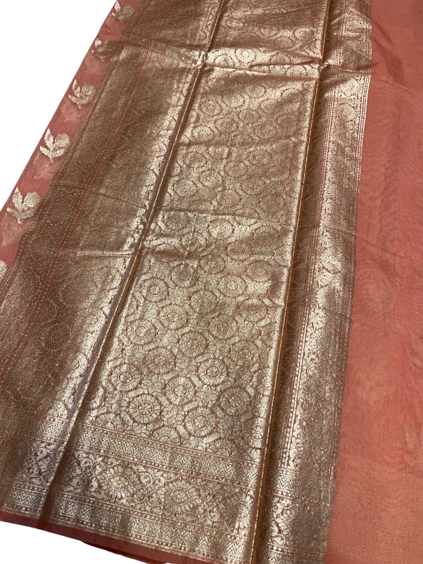 Southloom Cotton Banarasi Silk Saree with Woven Work on Body and Borders (Peach)