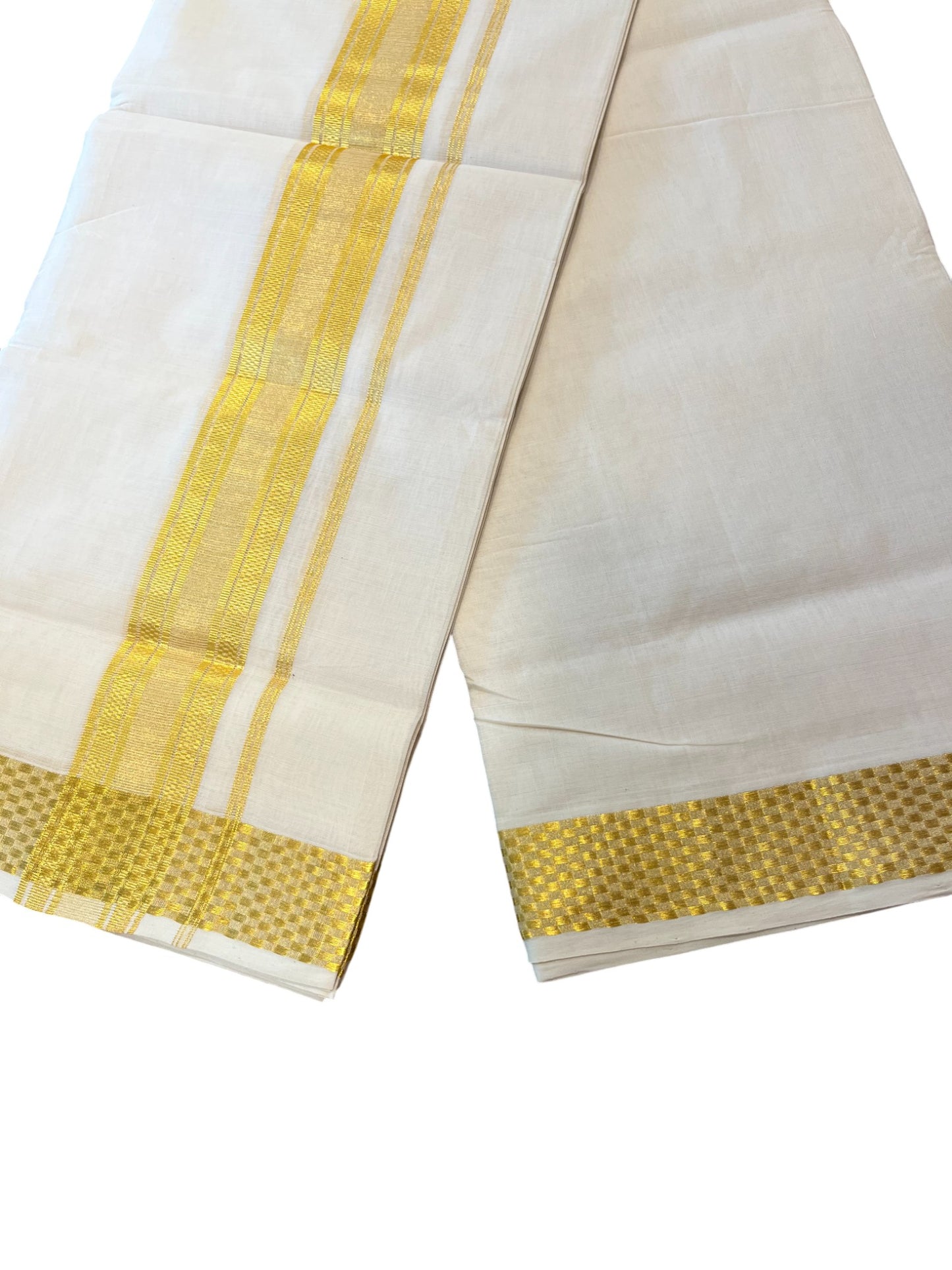 Southloom Premium Handloom Cotton Gold Kasavu Double Mundu with Gold Lines and Paa Neythu Border