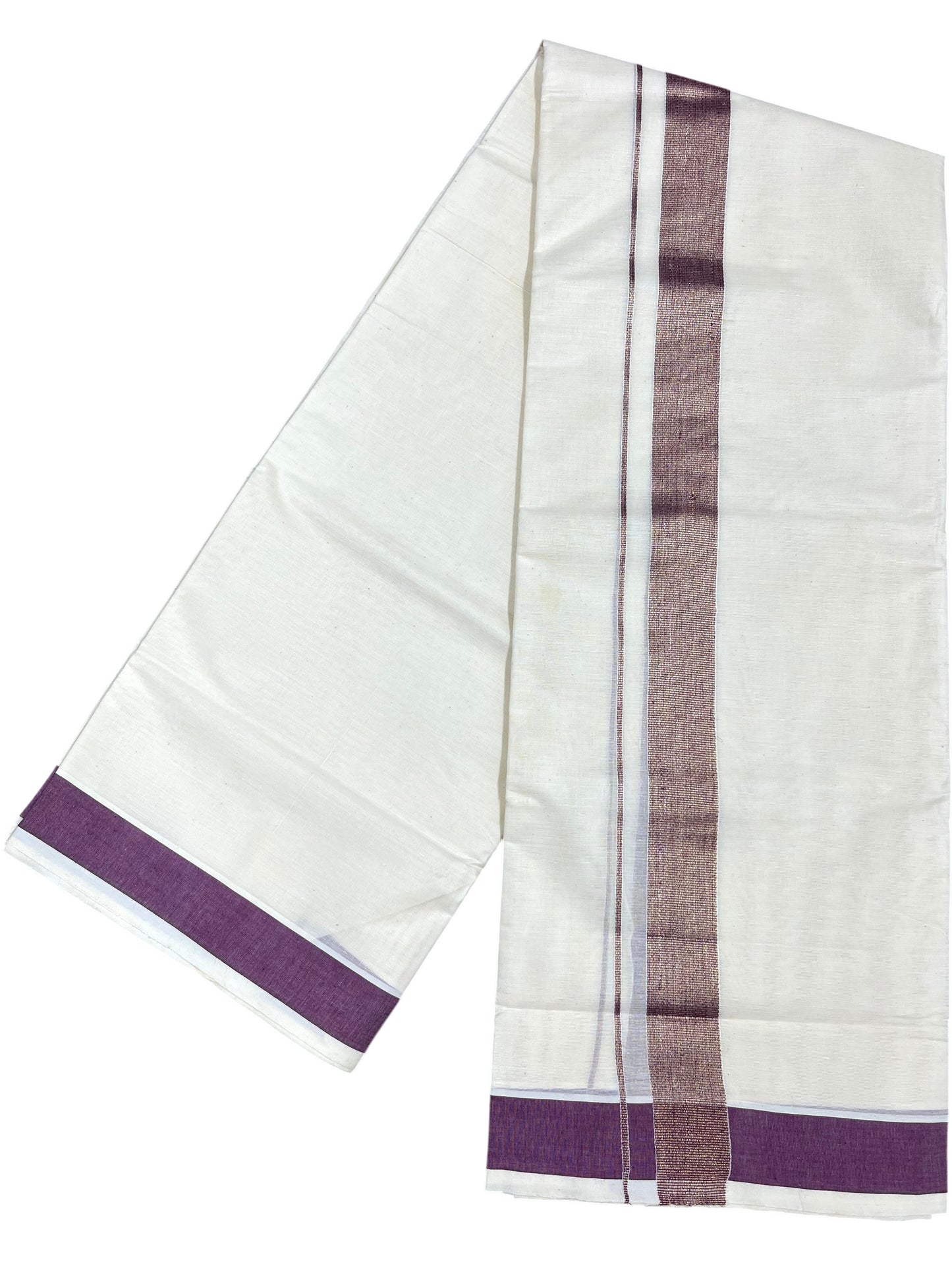 Southloom Kerala Pure Cotton Double Mundu with Purple Border (South Indian Dhoti)