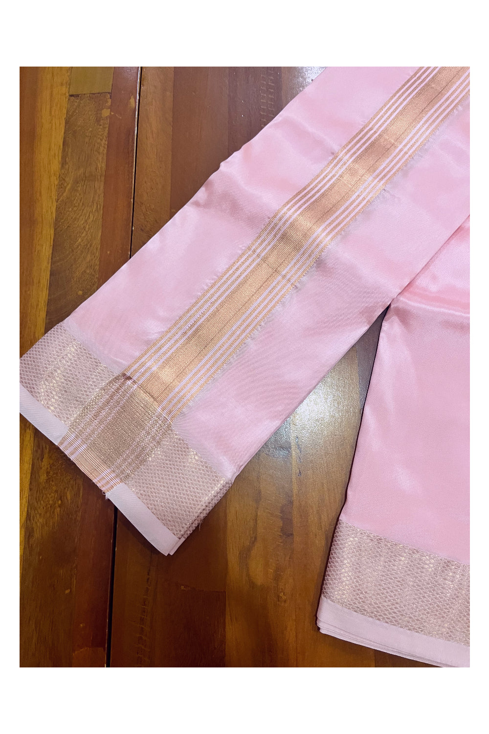 Southloom Premium Semi Silk Pink Mundu with Copper Kasavu Woven Border (South Indian Kerala Dhoti)