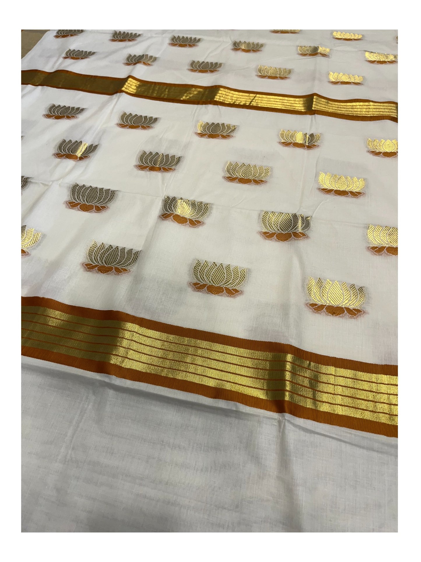 Southloom Kerala Cotton Kasavu Saree with Lotus Woven Work in Yellow