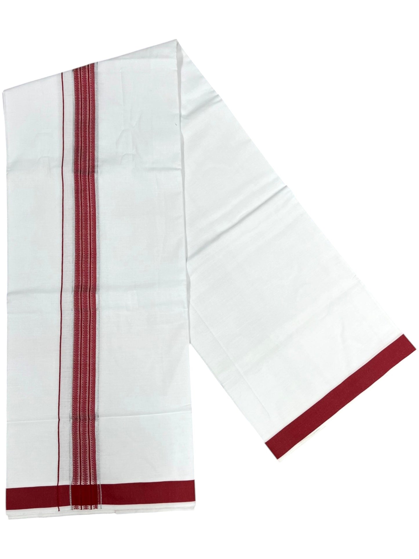 Southloom Pure White Cotton Single Mundu with Silver Line & Maroon Border (South Indian Kerala Dhoti)