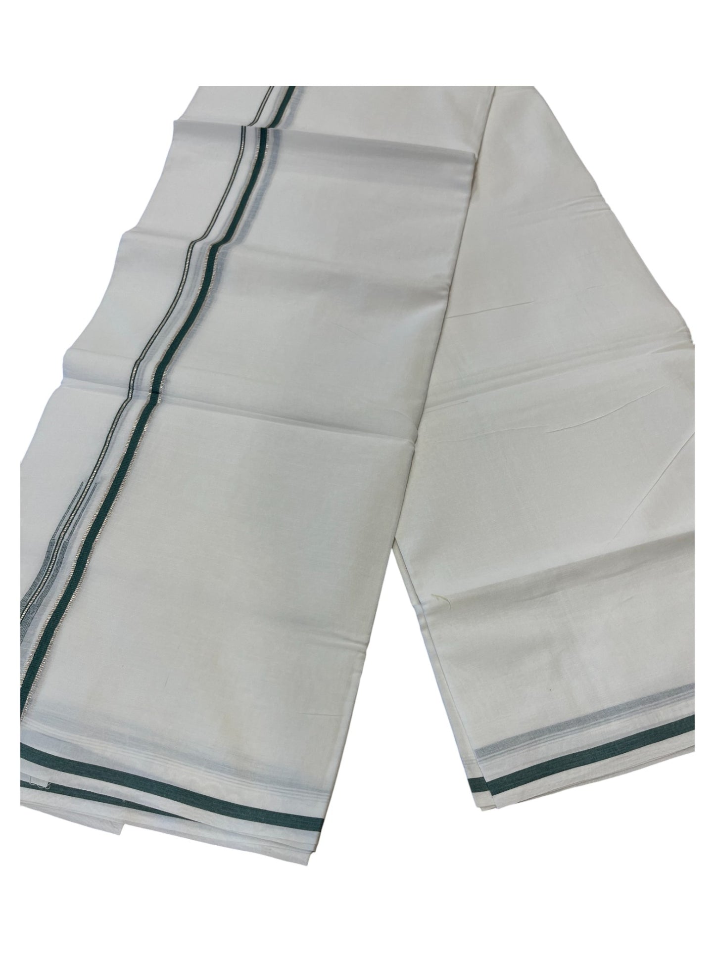 Pure White Cotton Double Mundu with Silver Green Chutti Kara (South Indian Dhoti)