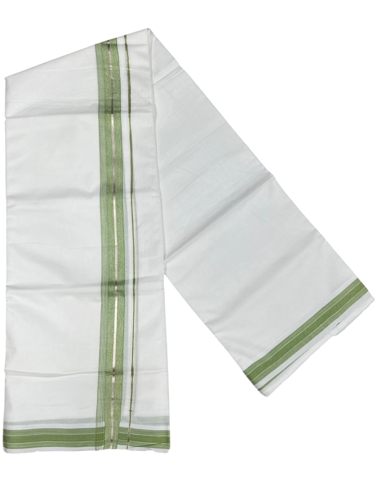Southloom Kerala Pure White Cotton Double Mundu with Silver Line & Green Border (South Indian Dhoti)