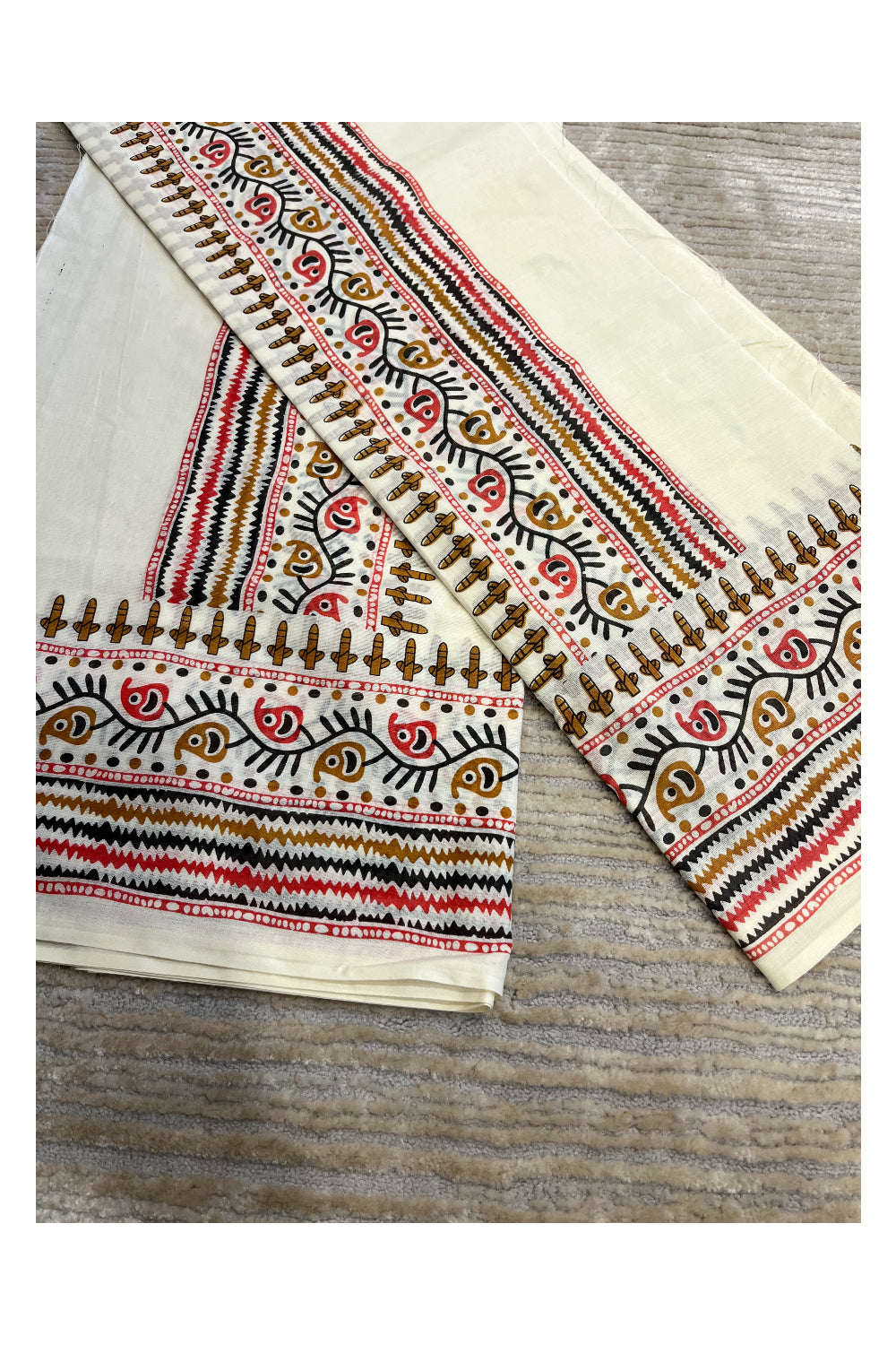 Southloom Pure Cotton Mulloth Set Mundu with Warly Print (Black Printed Blouse Piece)