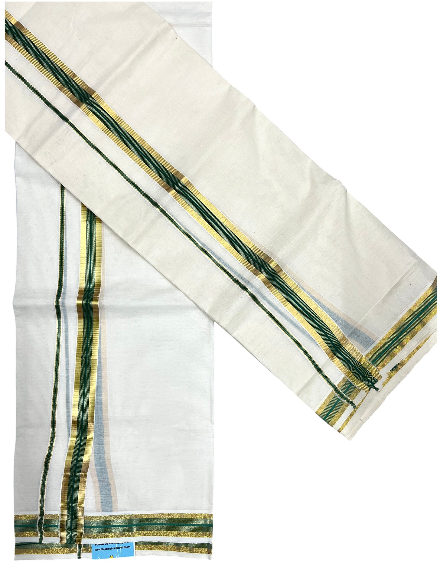 Southloom Pure Cotton Kerala Single Set Mundu (Mundum Neriyathum) with Green and Kasavu Border 2.80 Mtrs SLKK