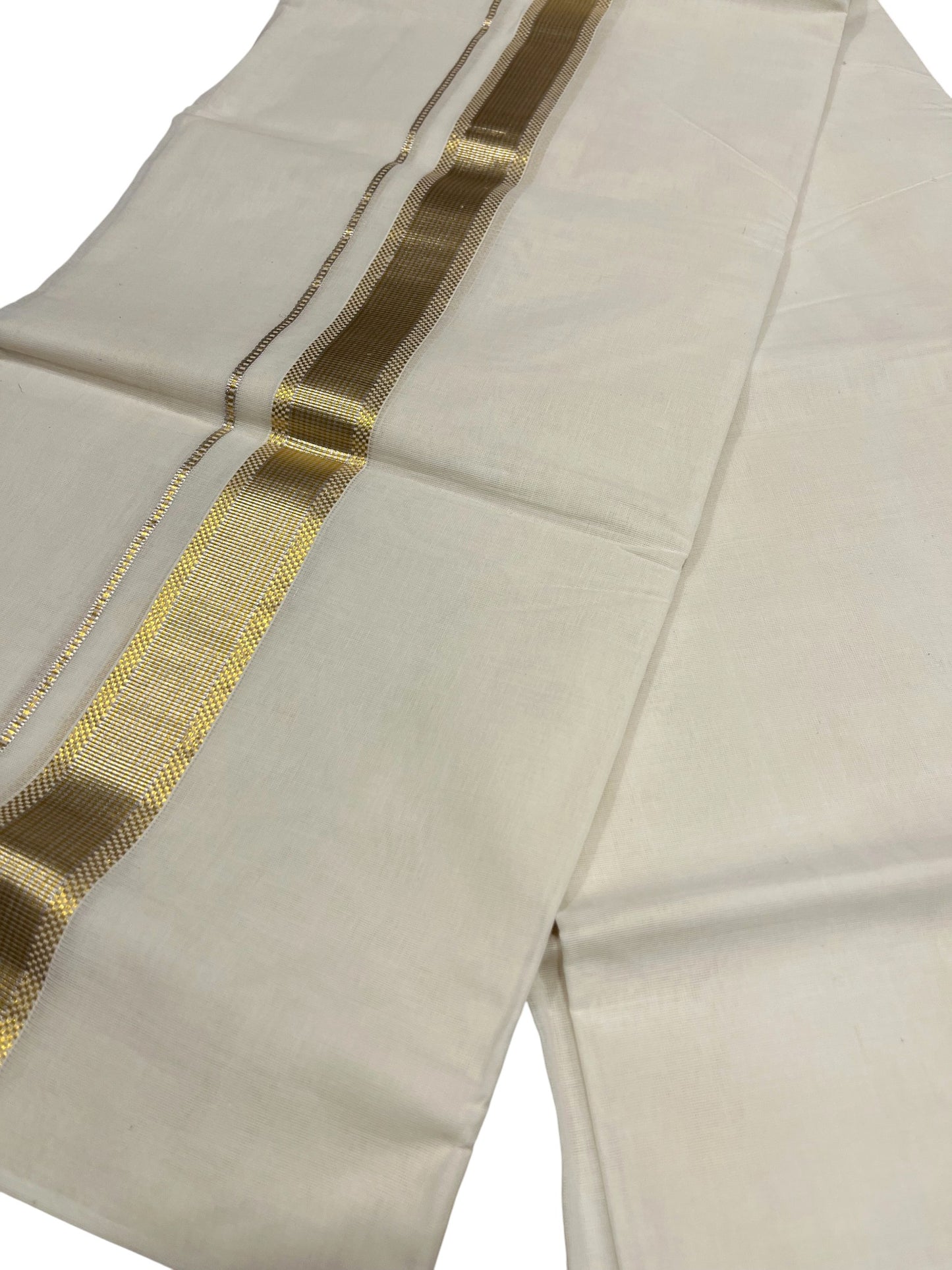 Southloom Premium Handloom Cotton Double Mundu with Gold Paaya Neythu And Silver Gold Lines Kasavu Border