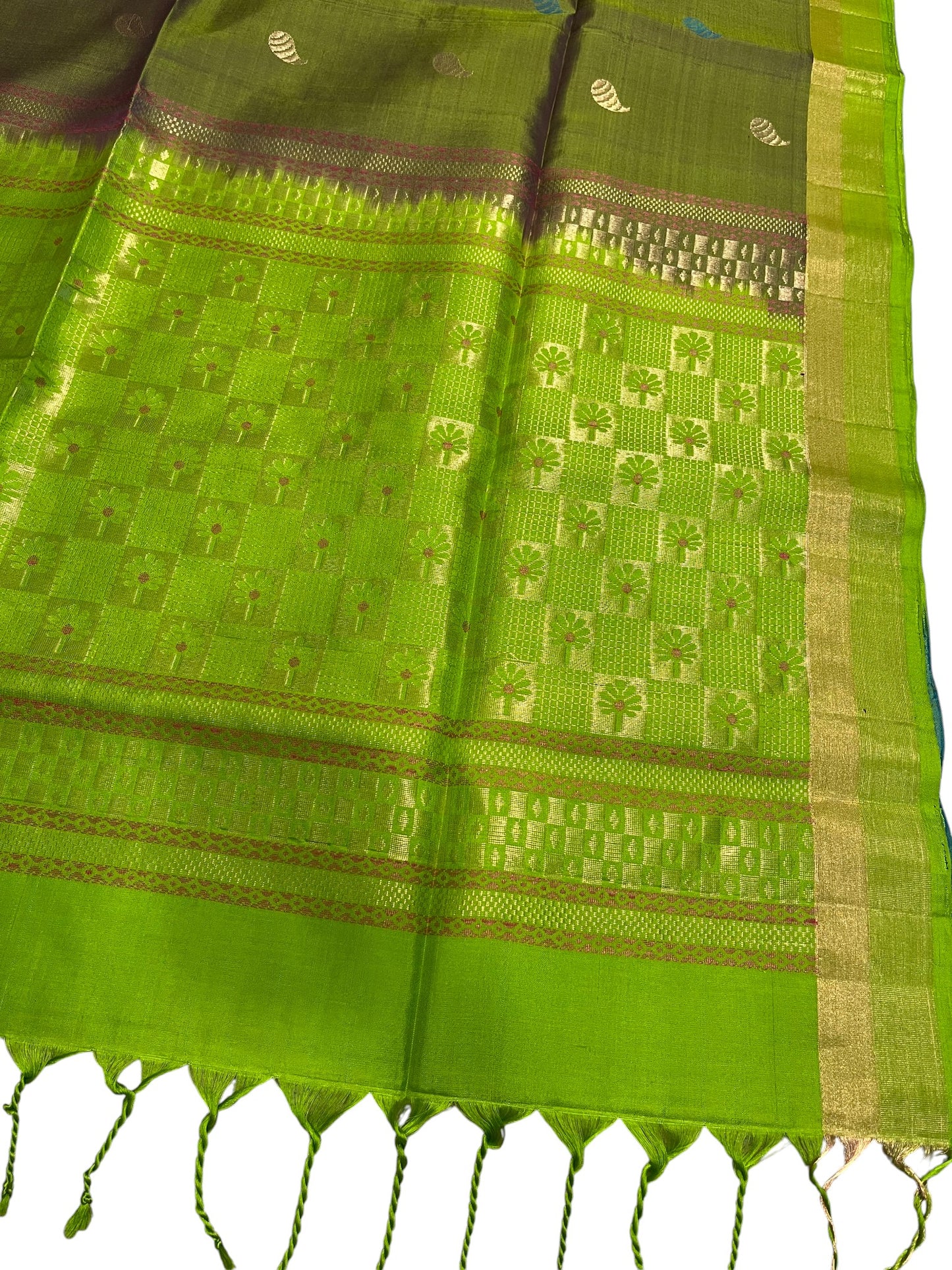 Southloom Pure Handloom Kanchipuram Silk Saree with Korvai Zari Work (Green & Grey)