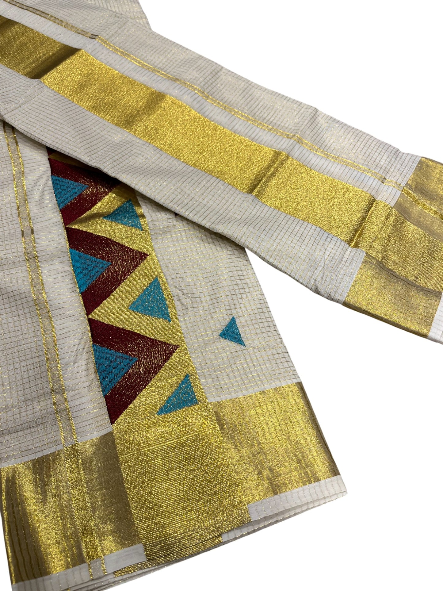 southloom Kerala TIssue Kasavu Mundum Neriyathum (Set Mundu) with Blue Brown Embroidery Designs in Kasavu Border
