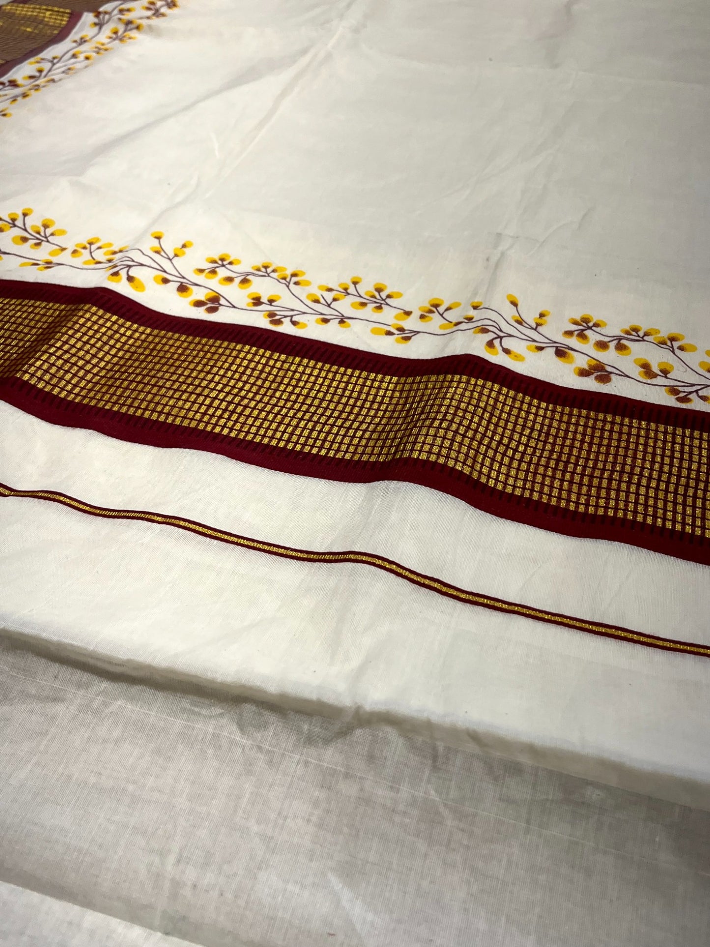 Southloom Maroon Floral Print Saree with Kasavu Check Borders