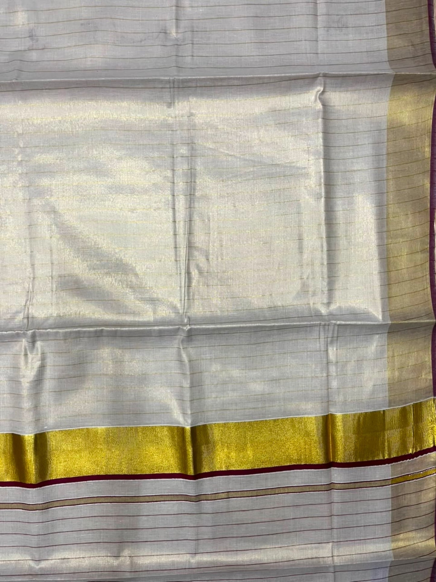 Southloom Kerala Tissue Kasavu Saree with Stripes on Body In Maroon Border