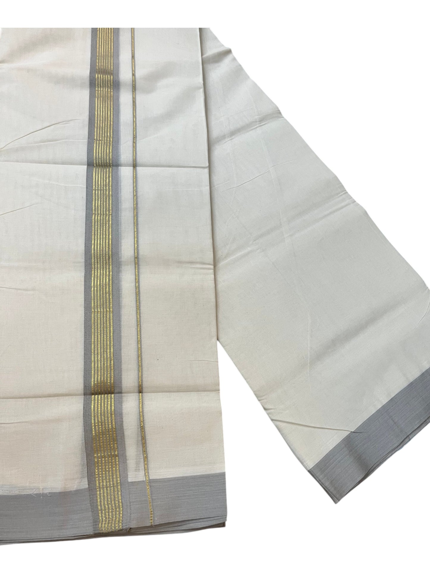 Southloom Pure Cotton Mundu with Golden Lines and Grey Border (South Indian Kerala Dhoti)